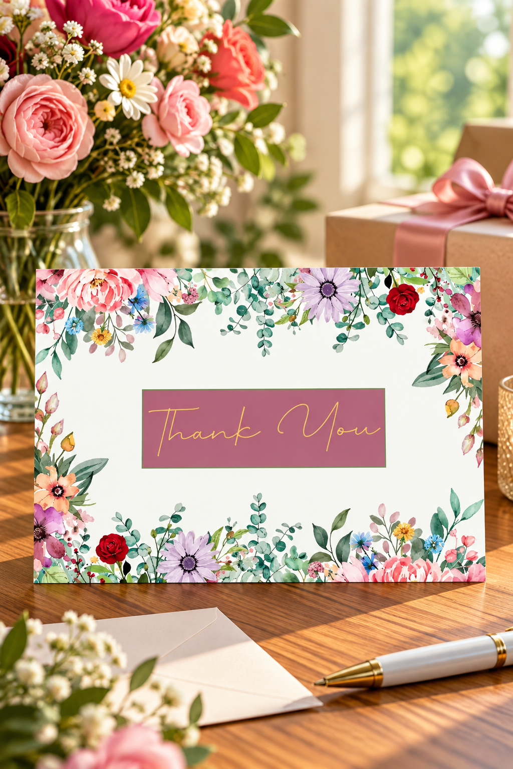 featuring a romantic arrangement of pastel blooms, colorful wildflowers, and soft greenery. This elegant floral design showcases blush pink roses, lavender blossoms, vibrant red accents, and whimsical botanical details surrounding a crisp white background. A dusty rose centerpiece with graceful gold script Thank You lettering adds a charming, sophisticated finishing touch.